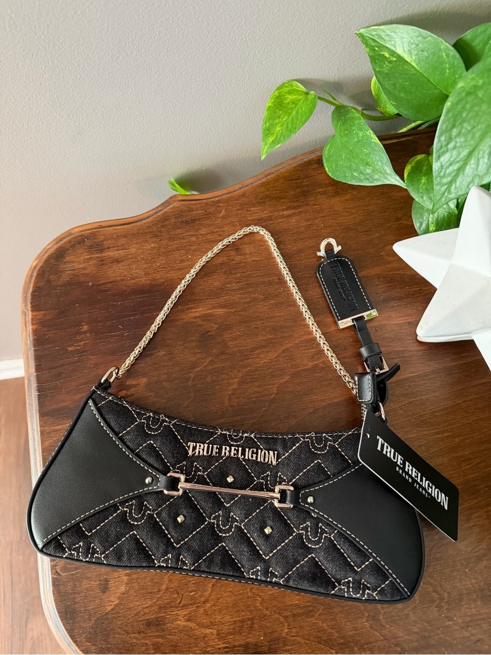 NWT. True Religion Black Quilted Shoulder Bag with Chain Accent